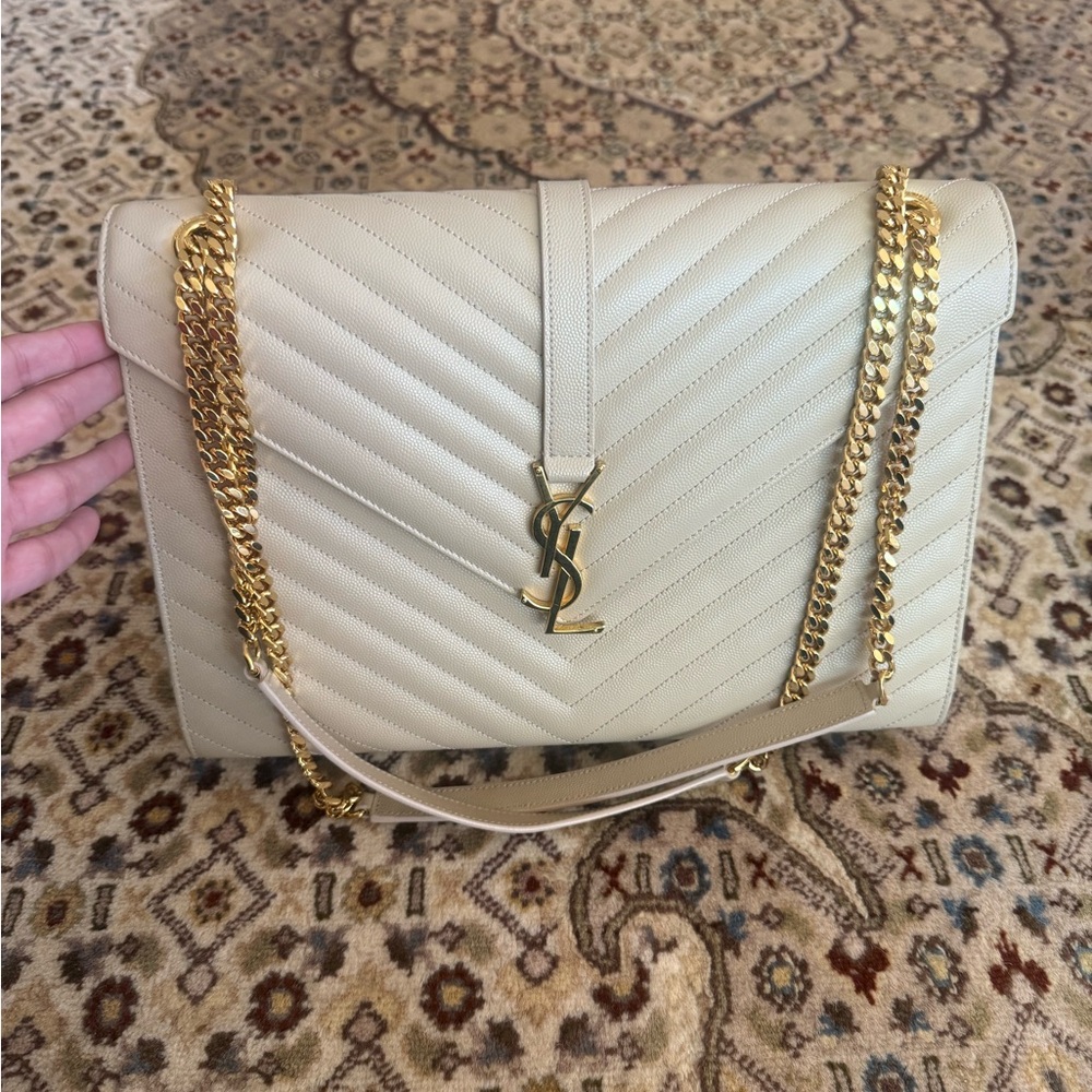 Yves Saint Laurent Cream Quilted Shoulder Bag with Gold Chain